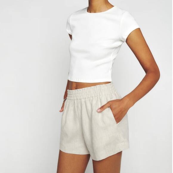 Reformation Pants - Reformation Mila Linen Shorts Oatmeal Size Small EUC Elastic Waist Relaxed